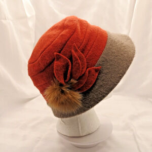 Wool Blend Cloche Hat Rust Orange Gray Wide Brim Flower Pom Accent 70% Wool